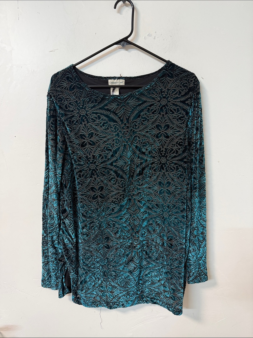 Coldwater Creek Teal and Black Velvet Burnout Long-Sleeve Top